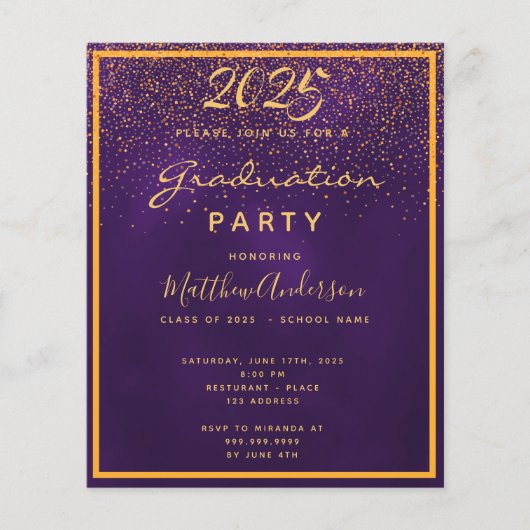 Paarse gouden budget Graduation feestuitnodiging (Voorkant)