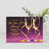 Paarse gouden champagne-bril nieuwjaarsfeest kaart (Staand voorkant)