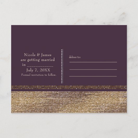 Paarse Gouden Chic Sparkling Glam Save the Date Aankondigingskaart (Achterkant)