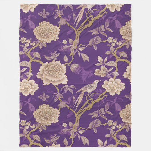 paarse gouden chinoiserie floral fleece deken (Voorkant)