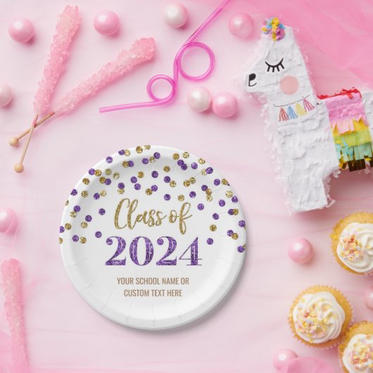 Paarse gouden Confetti Afstuderen 2024 Papieren Bordje (Feest)