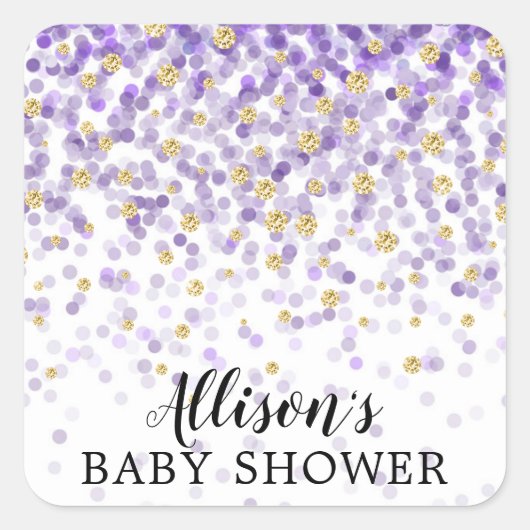 Paarse gouden Confetti Baby shower envelop afdicht Vierkante Sticker (Voorkant)