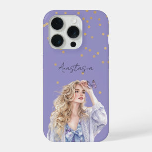 Paarse Gouden Confetti Blond Meisje Vlinder iPhone 15 Pro Case
