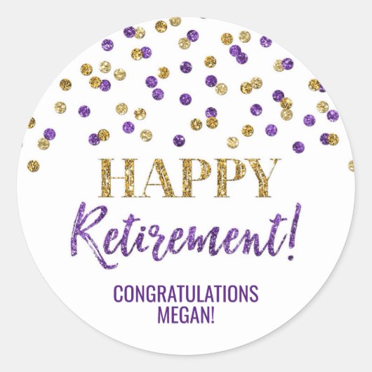 Paarse gouden Confetti Happy Retirement Ronde Sticker (Voorkant)