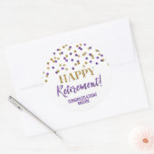 Paarse gouden Confetti Happy Retirement Ronde Sticker (Envelop)