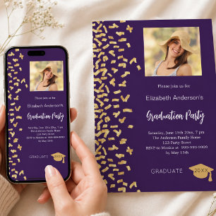 Paarse gouden confetti meisjesfoto afstudeerfeest kaart
