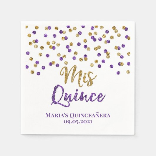 Paarse Gouden Confetti Quinceañera Verjaardag Servet (Voorkant)