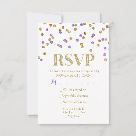 Paarse gouden Confetti RSVP-kaarten RSVP Kaartje (Voorkant)