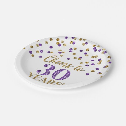 Paarse gouden Confetti tot 30 jaar verjaardag Papieren Bordje (Gekanteld)