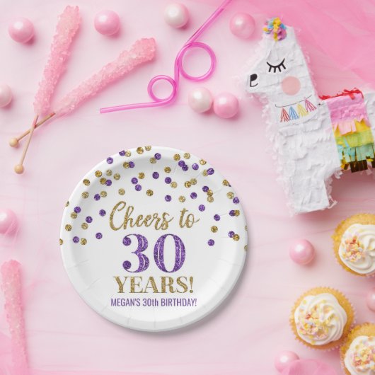 Paarse gouden Confetti tot 30 jaar verjaardag Papieren Bordje (Feest)