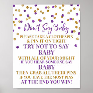 Paarse gouden Confetti zeg niet Baby spel teken Poster