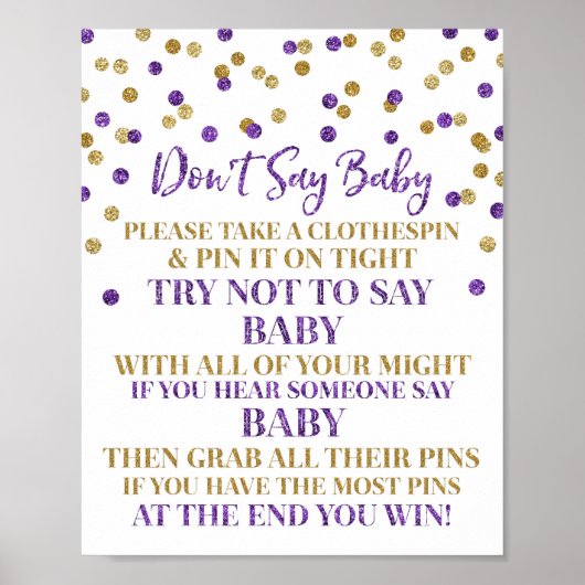 Paarse gouden Confetti zeg niet Baby spel teken Poster (Voorkant)