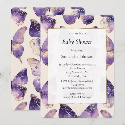 Paarse Gouden Crème Vlinders Baby shower Kaart (Voorkant / Achterkant)