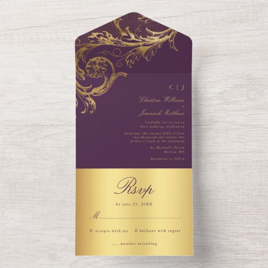 Paarse Gouden Damask Kalligrafie Trouwen All In One Uitnodiging (Binnen)