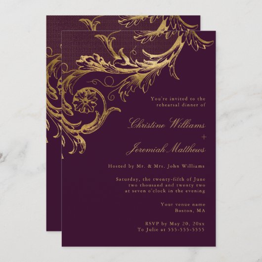  Paarse Gouden Damask Repetitie Diner Kaart (Voorkant / Achterkant)