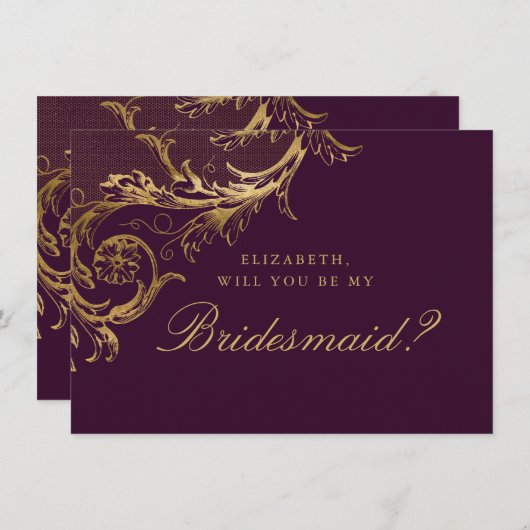  Paarse Gouden Damask Script Bruidsmeisje Kaart (Voorkant / Achterkant)