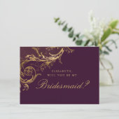  Paarse Gouden Damask Script Bruidsmeisje Kaart (Staand voorkant)
