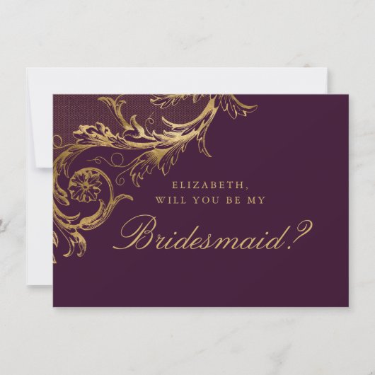  Paarse Gouden Damask Script Bruidsmeisje Kaart (Voorkant)
