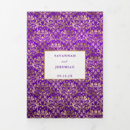 Paarse Gouden Damast Aangepaste Trouwdag Drieluik Uitnodiging