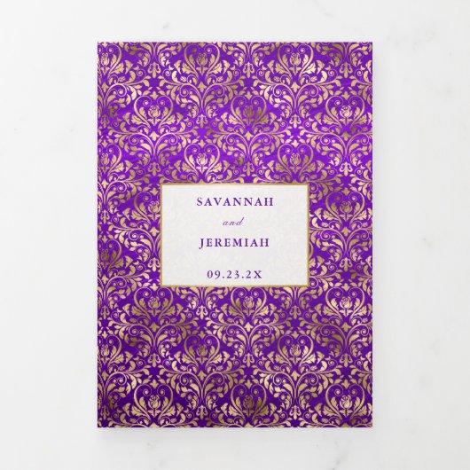 Paarse Gouden Damast Aangepaste Trouwdag Drieluik Uitnodiging (Cover)