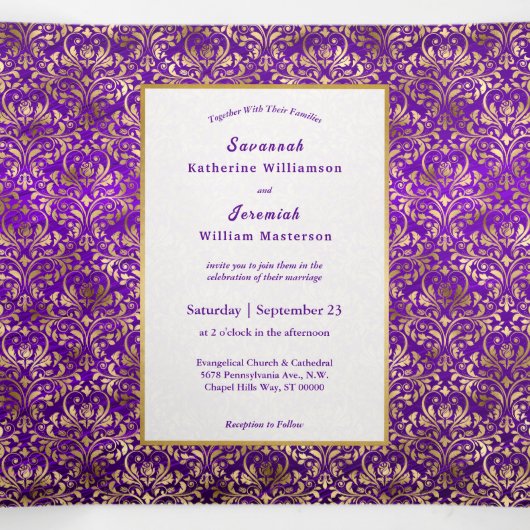 Paarse Gouden Damast Aangepaste Trouwdag Drieluik Uitnodiging (Binnenkant midden)