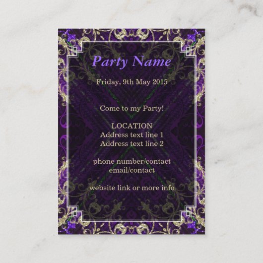 Paarse gouden deco verjaardagsfeest uitnodigingsui visitekaartje (Achterkant)