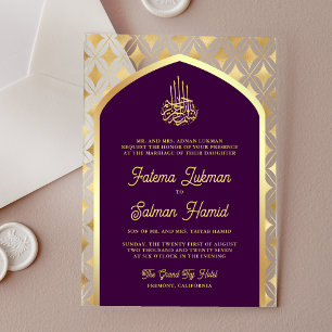 Paarse gouden diamanten boog moslim bruiloft acryl uitnodigingen