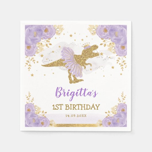 Paarse gouden dinosaurus ballerina verjaardagsfees servet (Voorkant)