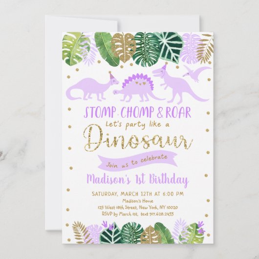 Paarse Gouden Dinosaurus Meisje Verjaardag Kaart (Voorkant)