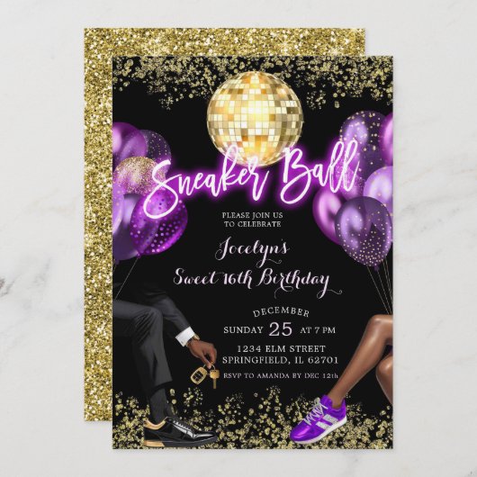 Paarse Gouden Discobal Sneaker Verjaardagsfeest Kaart (Voorkant / Achterkant)