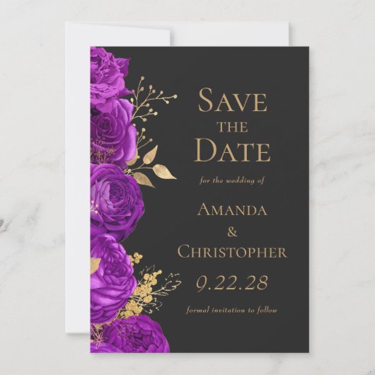 Paarse Gouden Donkere Bloemen Bewaar de Datum Aankondiging (Voorkant)
