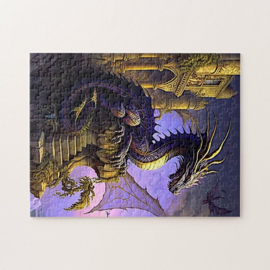 Paarse gouden draak op de trappen van het kasteel legpuzzel (Horizontaal)
