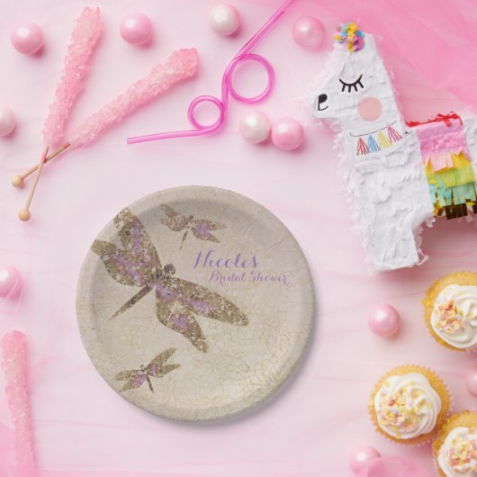 Paarse & Gouden Dragonflies Dragonfly Party Custom Papieren Bordje (Feest)