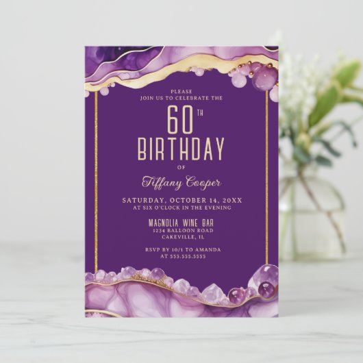 Paarse Gouden Edelsteen 60ste Verjaardag Uitnodigi Kaart (Staand voorkant)