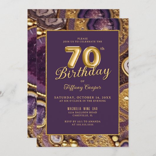 Paarse Gouden Edelsteen 70ste Verjaardag Uitnodigi Kaart (Voorkant / Achterkant)