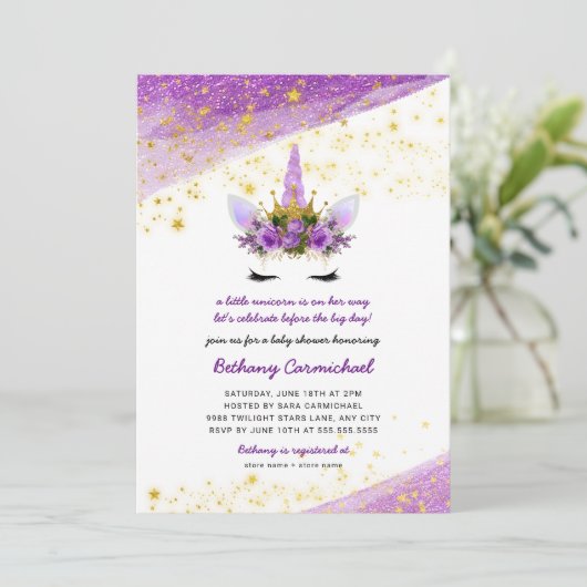 Paarse gouden eenhoorn Baby shower uitnodiging (Staand voorkant)