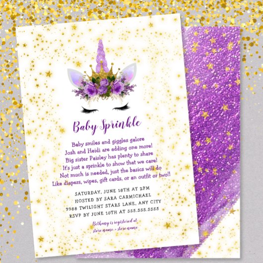 Paarse gouden eenhoorn Baby Sprinkle Invitation Kaart