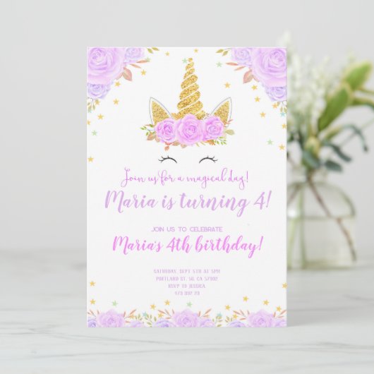 Paarse Gouden Eenhoorn Gezicht Bloemen Kids Verjaa Kaart (Staand voorkant)