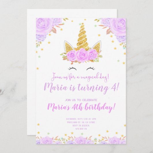 Paarse Gouden Eenhoorn Gezicht Bloemen Kids Verjaa Kaart (Voorkant / Achterkant)