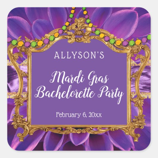 Paarse Gouden Elegante Mardi Gras Bachelorette-fee Vierkante Sticker (Voorkant)