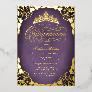 Paarse Gouden Elegante Script Roos Quinceanera Folie Uitnodiging