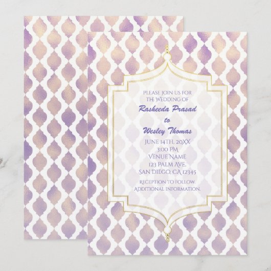 Paarse gouden en witte Marokkaanse huwelijksuitnod Kaart (Voorkant / Achterkant)