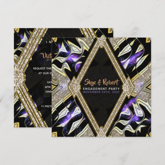 Paarse gouden en zwarte glamour verlovingsfeest kaart (Voorkant / Achterkant)