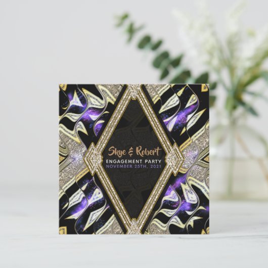 Paarse gouden en zwarte glamour verlovingsfeest kaart (Staand voorkant)