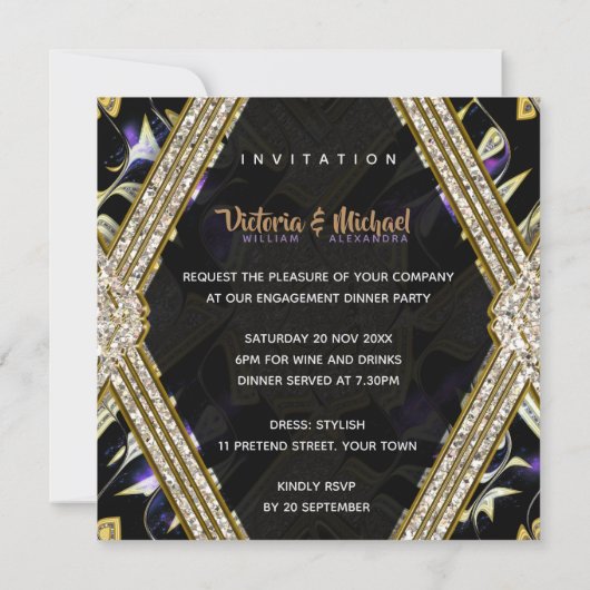 Paarse gouden en zwarte glamour verlovingsfeest kaart (Achterkant)