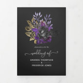Paarse, gouden en zwarte Shabby bloemenbruiloft Drieluik Uitnodiging (Cover)