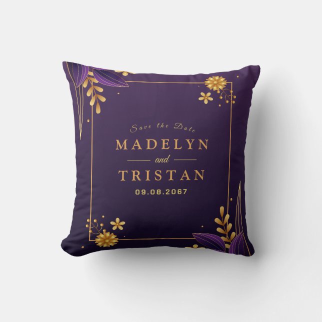 Paarse & gouden esthetiek bloemenbruiloft kussen (Voorkant)