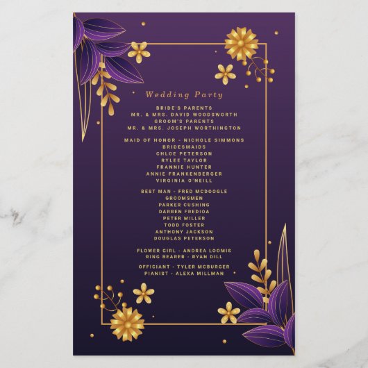 Paarse & gouden esthetiek bloemenbruiloft programm (Achterkant)