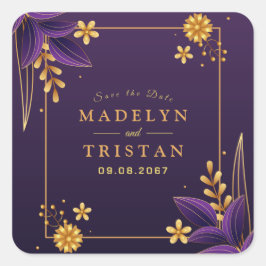 Paarse & gouden esthetiek bloemenbruiloft vierkante sticker
