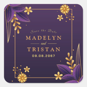 Paarse & gouden esthetiek bloemenbruiloft vierkante sticker